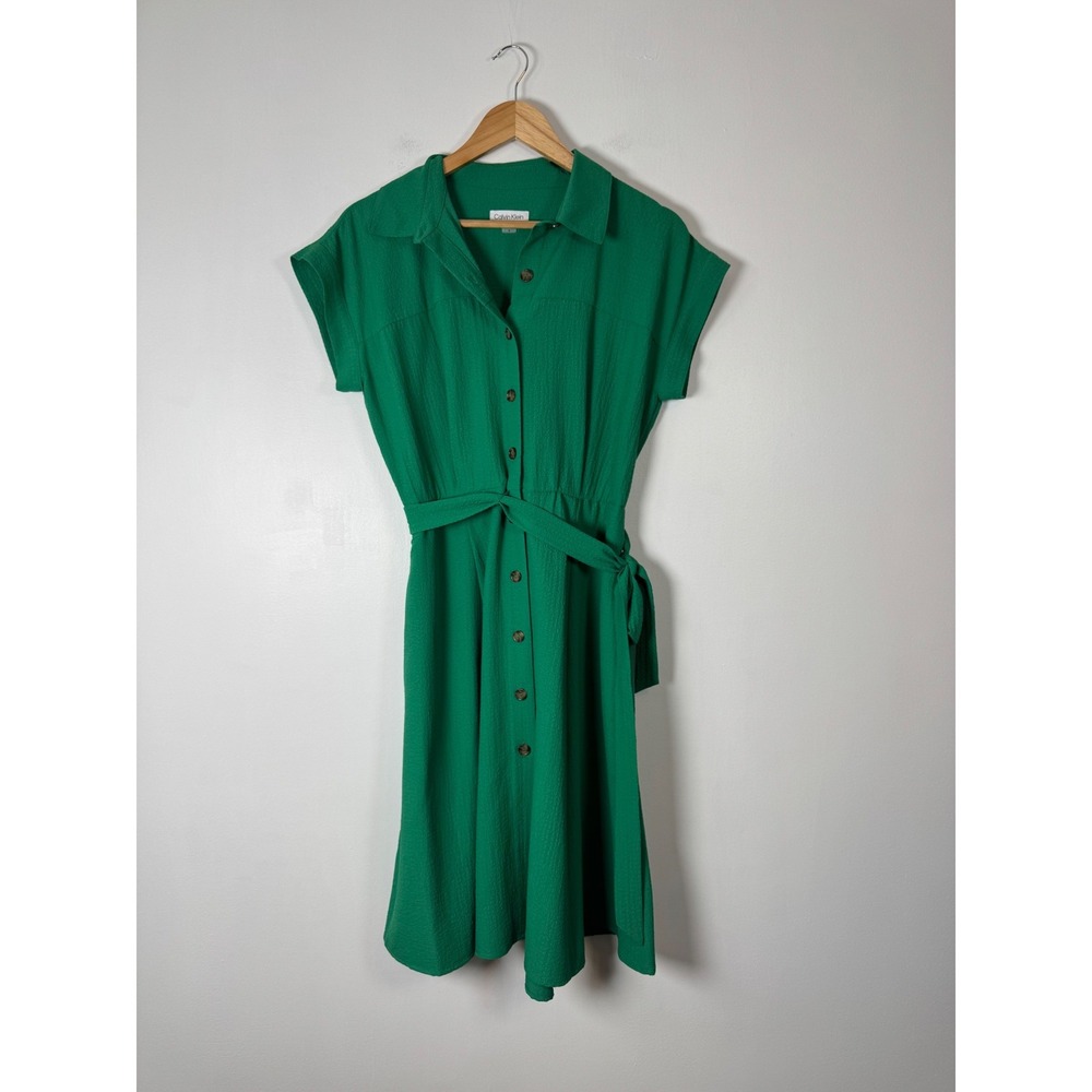 Elegant Calvin Klein Women Size 8 Shirt Dress Green Textured Belted Button Front